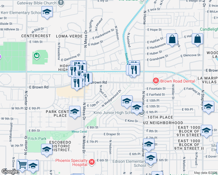 map of restaurants, bars, coffee shops, grocery stores, and more near 1063 North July Circle in Mesa