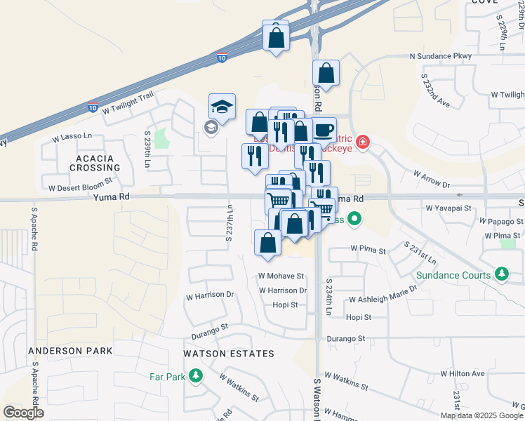 map of restaurants, bars, coffee shops, grocery stores, and more near 23477 West Yuma Road in Buckeye