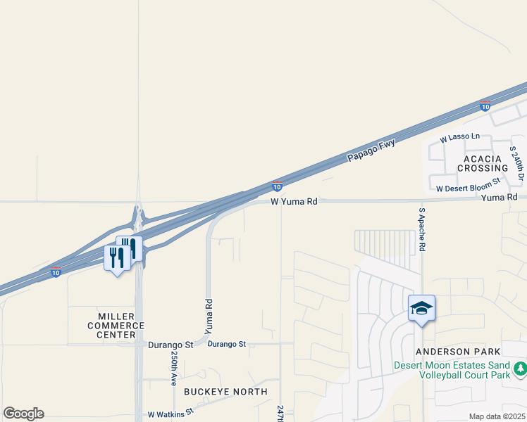 map of restaurants, bars, coffee shops, grocery stores, and more near Yuma Road in Buckeye