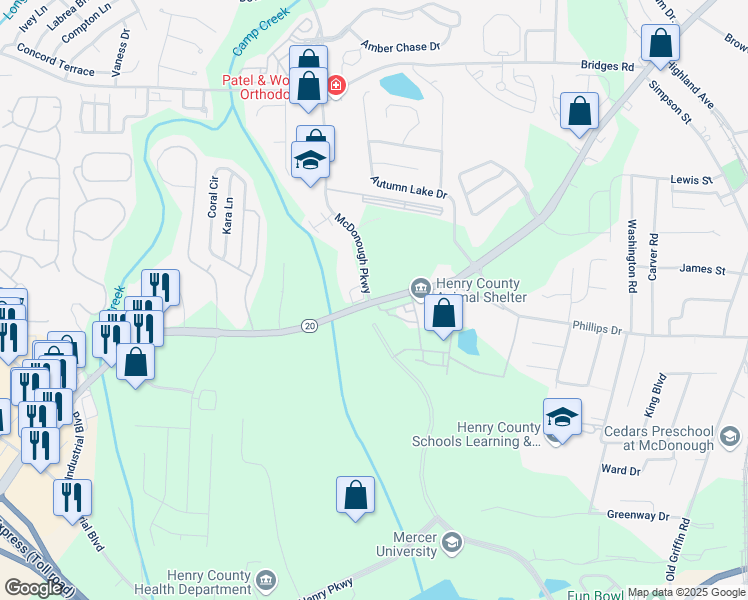 map of restaurants, bars, coffee shops, grocery stores, and more near McDonough Parkway in McDonough