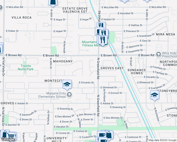 map of restaurants, bars, coffee shops, grocery stores, and more near 1048 North Oakland in Mesa