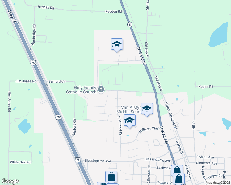 map of restaurants, bars, coffee shops, grocery stores, and more near 803 Spence Road in Van Alstyne
