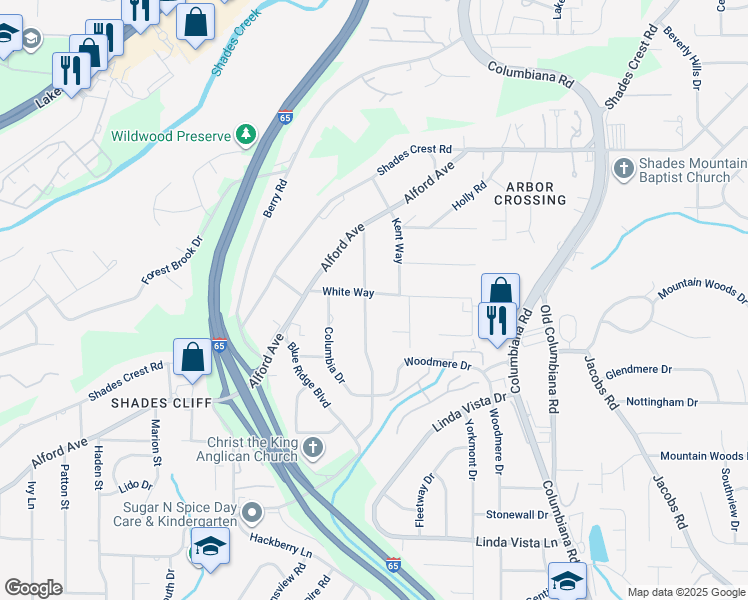 map of restaurants, bars, coffee shops, grocery stores, and more near 2140 White Way in Birmingham