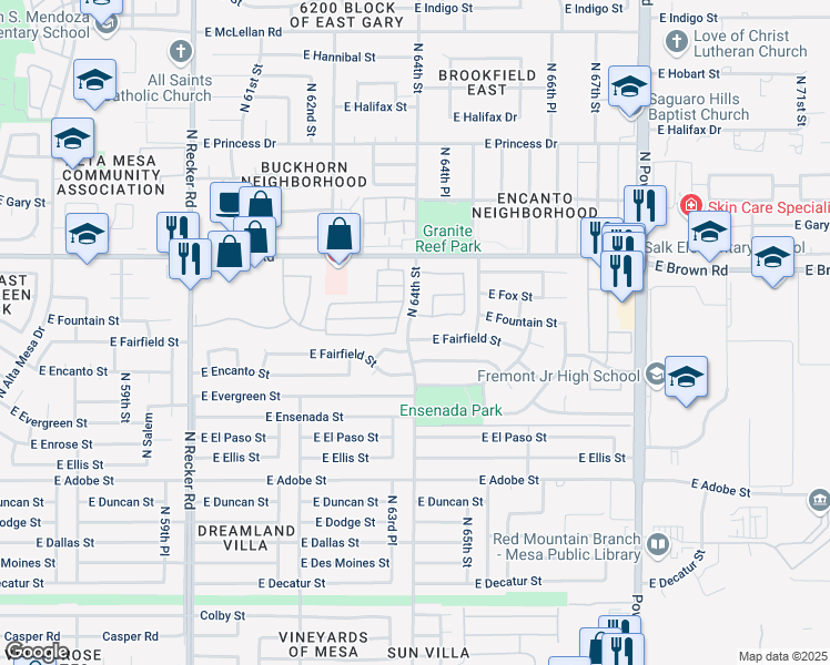 map of restaurants, bars, coffee shops, grocery stores, and more near 6402 East Fairfield Street in Mesa