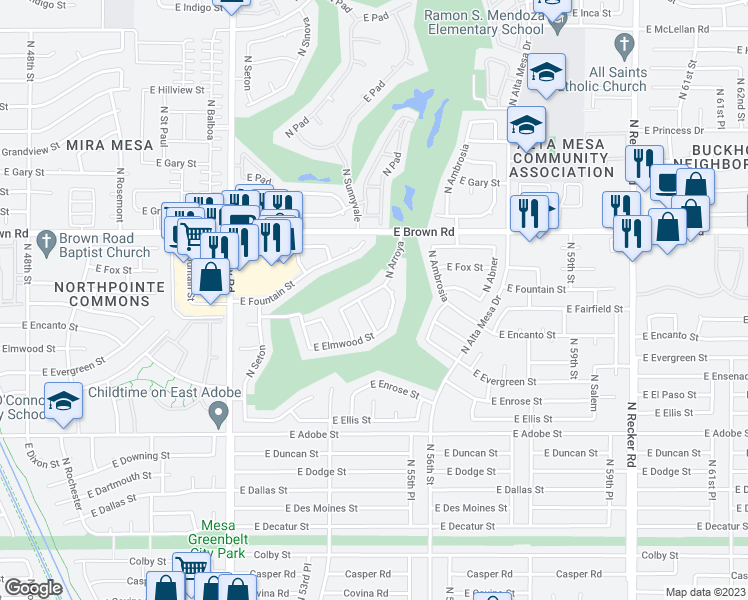 map of restaurants, bars, coffee shops, grocery stores, and more near 5503 East Fairfield Street in Mesa