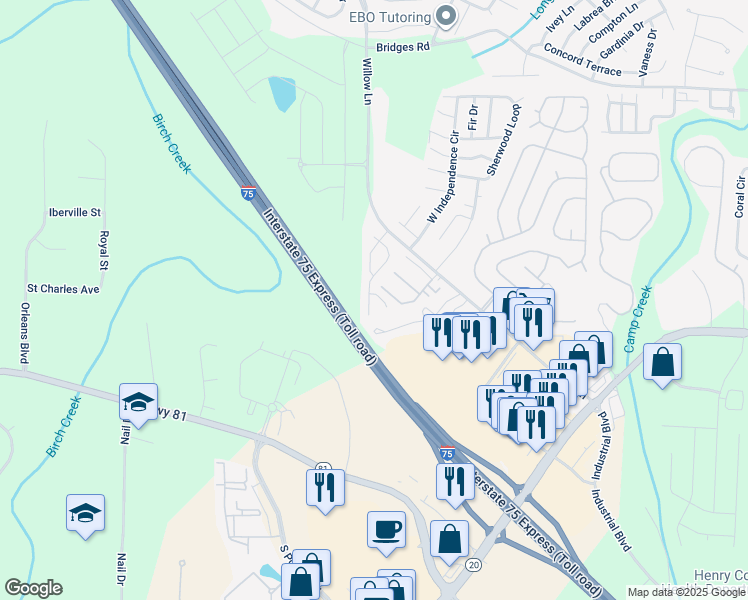 map of restaurants, bars, coffee shops, grocery stores, and more near 405 Ashton Circle in McDonough