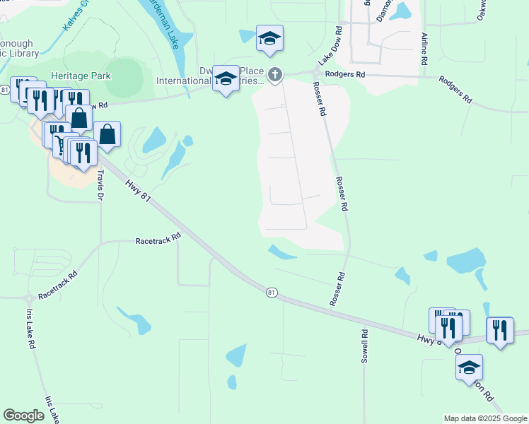 map of restaurants, bars, coffee shops, grocery stores, and more near 45 Tanglewood Dr in McDonough
