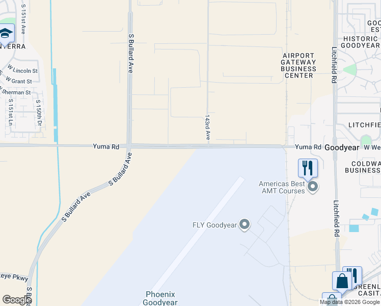 map of restaurants, bars, coffee shops, grocery stores, and more near 14555 West Yuma Road in Goodyear