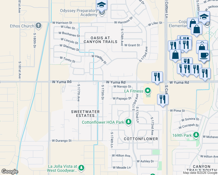 map of restaurants, bars, coffee shops, grocery stores, and more near 17497 West Navajo Street in Goodyear