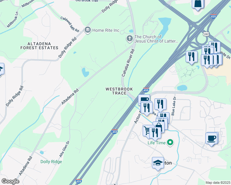 map of restaurants, bars, coffee shops, grocery stores, and more near 2329 Vestbrook Drive in Vestavia Hills