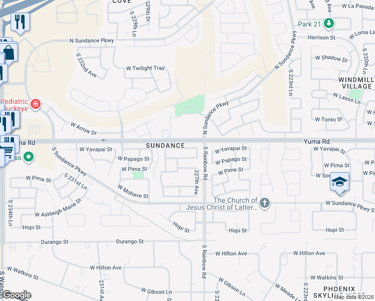 map of restaurants, bars, coffee shops, grocery stores, and more near 22761 West Yavapai Street in Buckeye