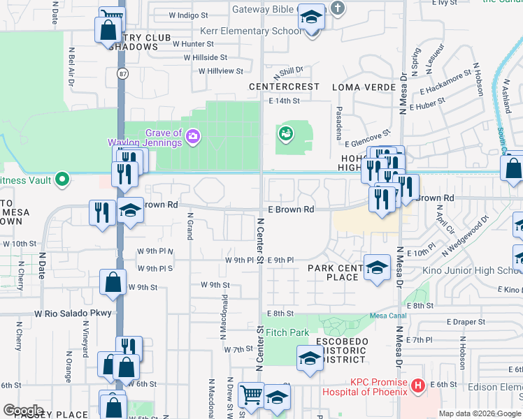 map of restaurants, bars, coffee shops, grocery stores, and more near in Mesa