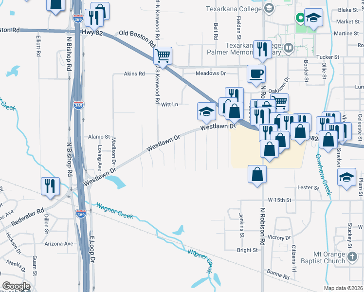 map of restaurants, bars, coffee shops, grocery stores, and more near 1719 Breckenridge Street in Texarkana