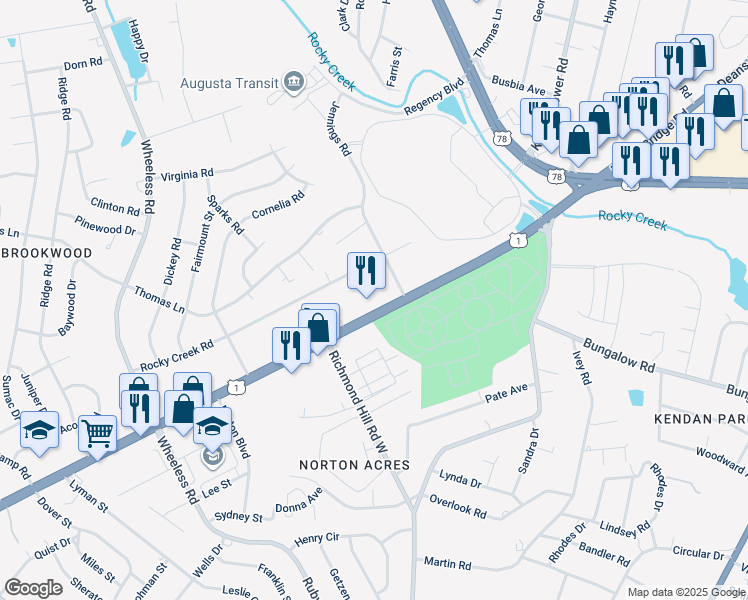 map of restaurants, bars, coffee shops, grocery stores, and more near 2815 Deans Bridge Road in Augusta