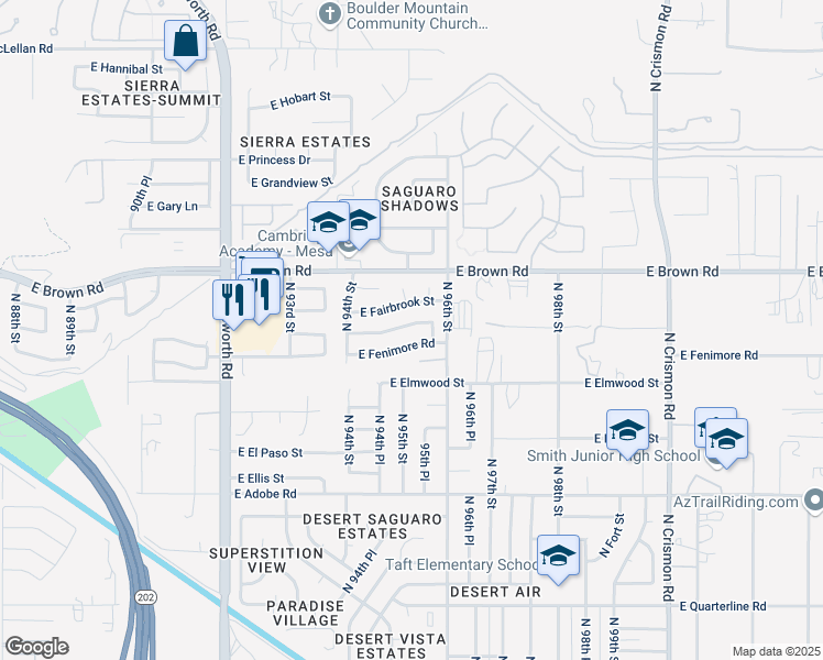 map of restaurants, bars, coffee shops, grocery stores, and more near 9521 East Flanders Road in Mesa