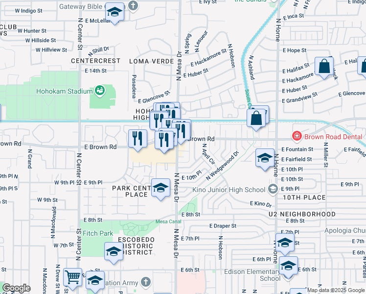 map of restaurants, bars, coffee shops, grocery stores, and more near 1105-1055 North Mesa Drive in Mesa