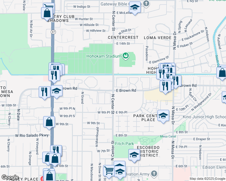 map of restaurants, bars, coffee shops, grocery stores, and more near 2 West Brown Road in Mesa