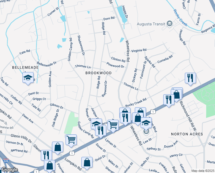 map of restaurants, bars, coffee shops, grocery stores, and more near 2410 Baywood Drive in Augusta