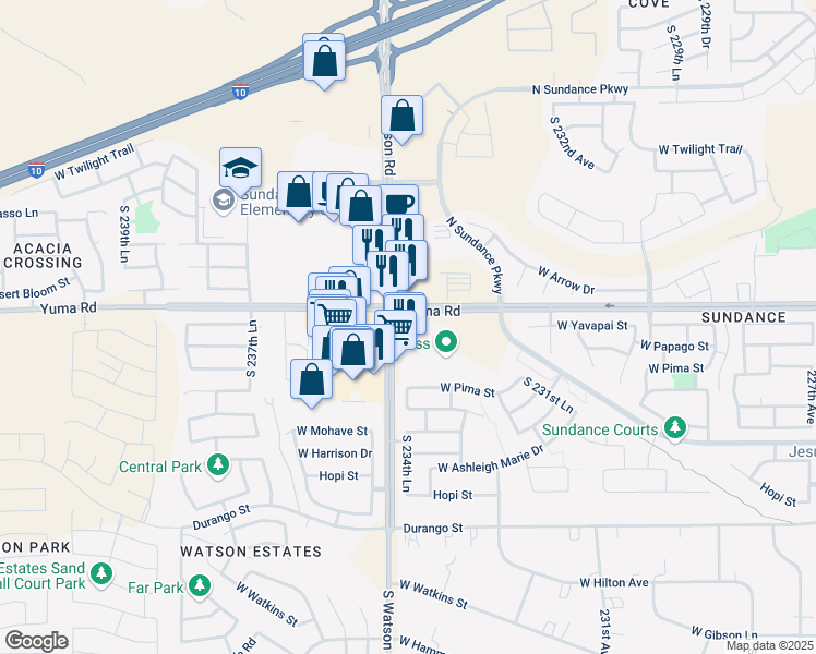 map of restaurants, bars, coffee shops, grocery stores, and more near 23477 West Yuma Road in Buckeye