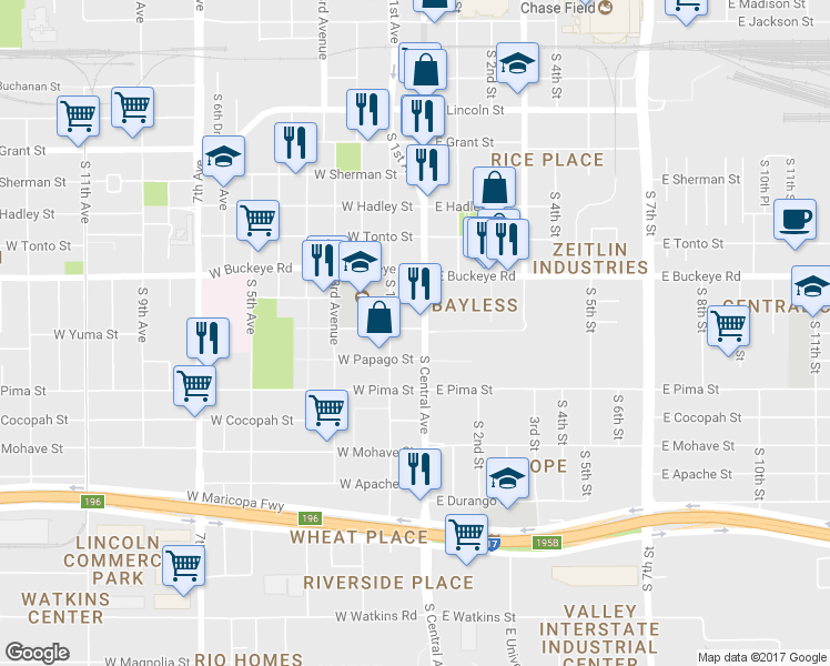 map of restaurants, bars, coffee shops, grocery stores, and more near 1302 S Central Ave in Phoenix