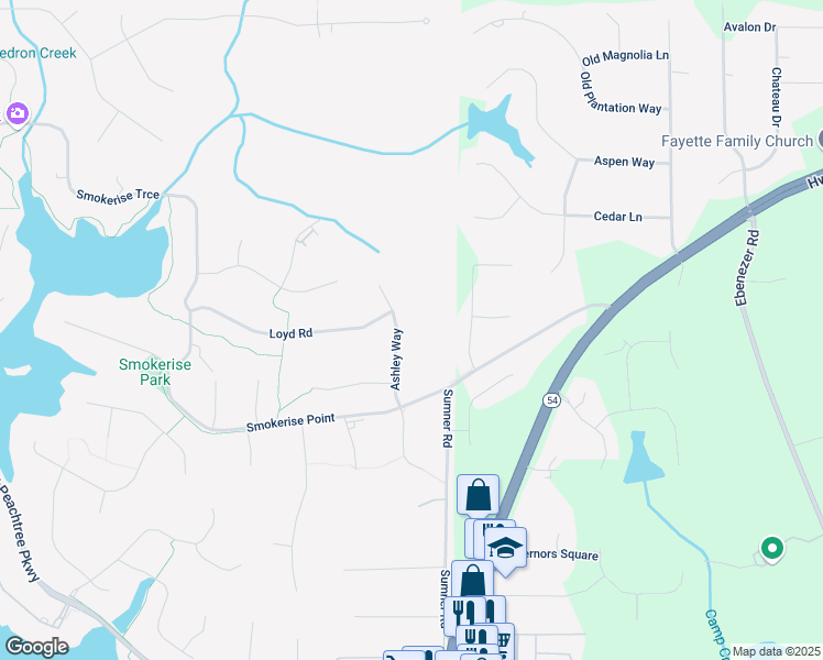 map of restaurants, bars, coffee shops, grocery stores, and more near 511 Ashley Way in Peachtree City