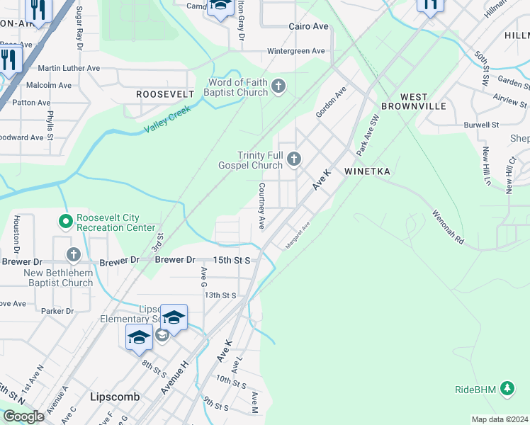 map of restaurants, bars, coffee shops, grocery stores, and more near 1723 Courtney Avenue in Bessemer