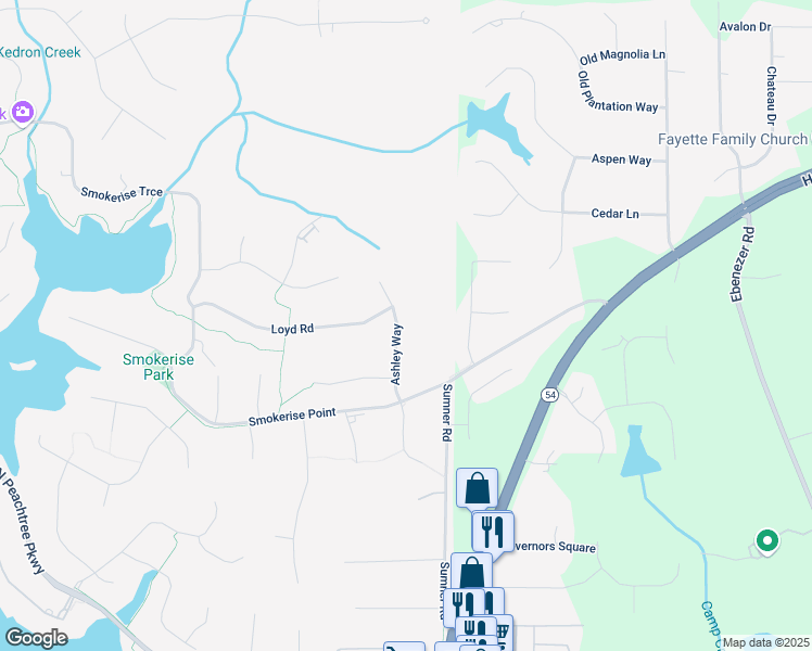map of restaurants, bars, coffee shops, grocery stores, and more near 511 Ashley Way in Peachtree City