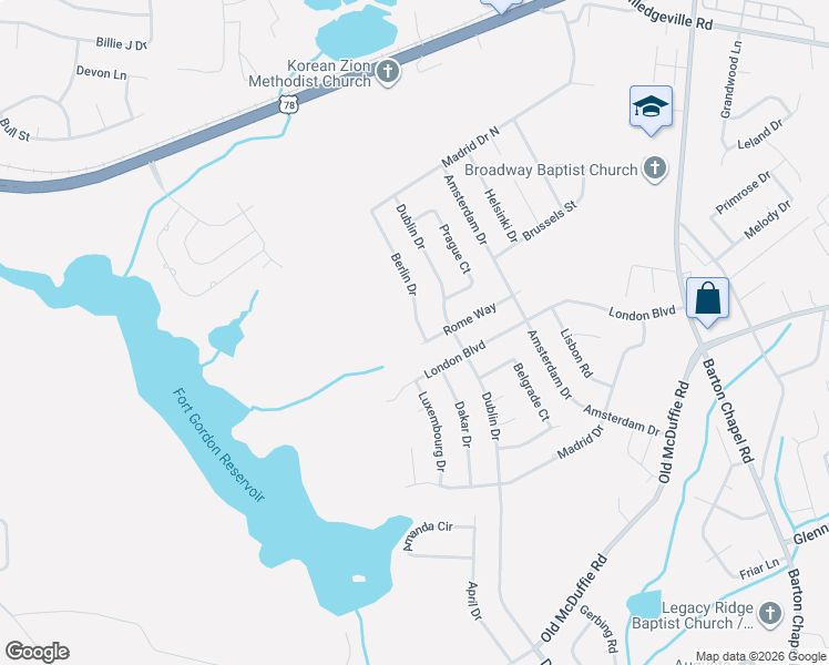 map of restaurants, bars, coffee shops, grocery stores, and more near 2377 Berlin Drive in Augusta