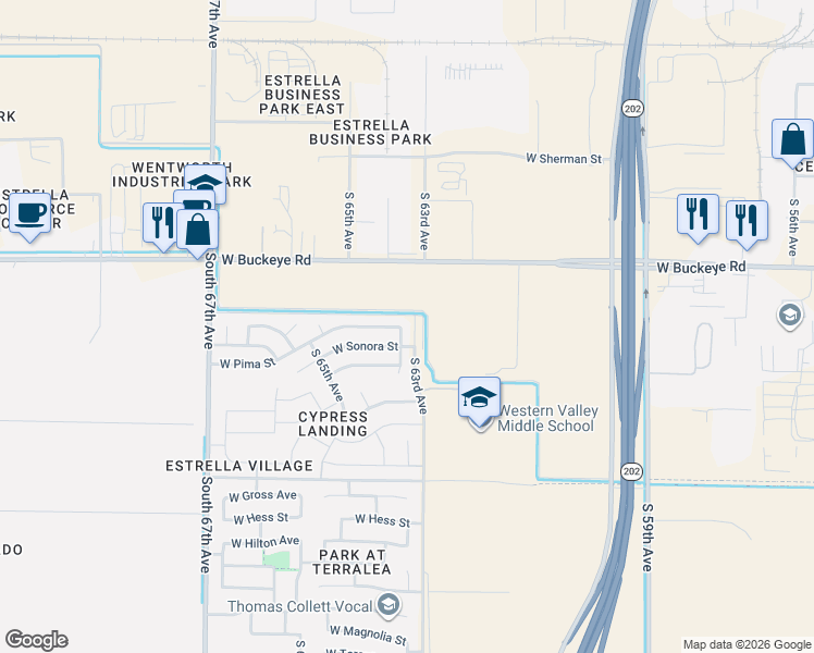 map of restaurants, bars, coffee shops, grocery stores, and more near 1409 South 63rd Drive in Phoenix