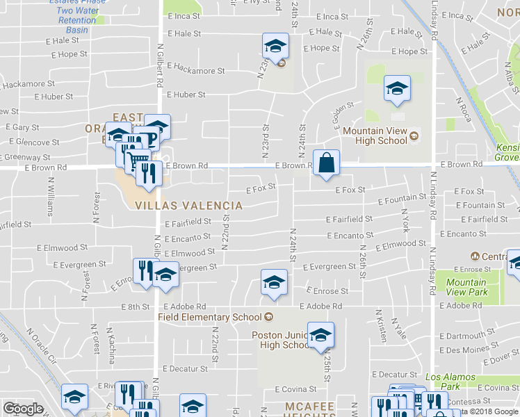 map of restaurants, bars, coffee shops, grocery stores, and more near 2255 East Fountain Street in Mesa