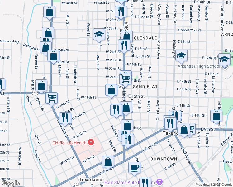 map of restaurants, bars, coffee shops, grocery stores, and more near 1920 Magnolia Street in Texarkana