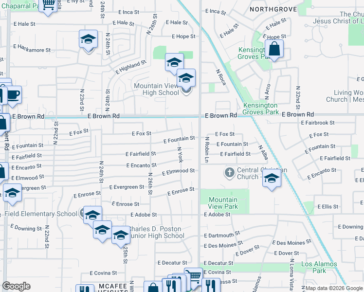 map of restaurants, bars, coffee shops, grocery stores, and more near 2702 East Fairfield Circle in Mesa