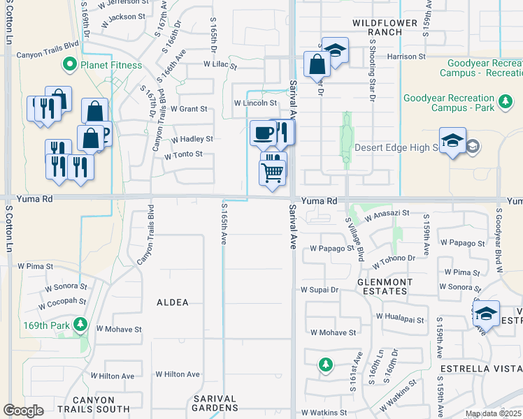 map of restaurants, bars, coffee shops, grocery stores, and more near 16385 West Yuma Road in Goodyear