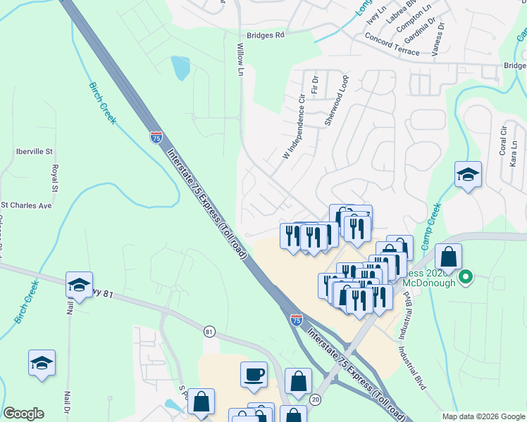 map of restaurants, bars, coffee shops, grocery stores, and more near 303 Quincy Avenue in McDonough