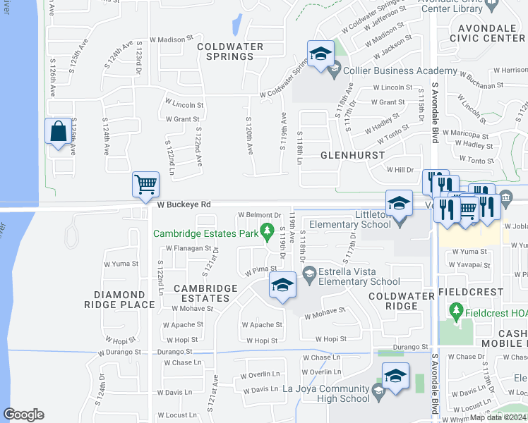 map of restaurants, bars, coffee shops, grocery stores, and more near 11986 West Belmont Drive in Avondale