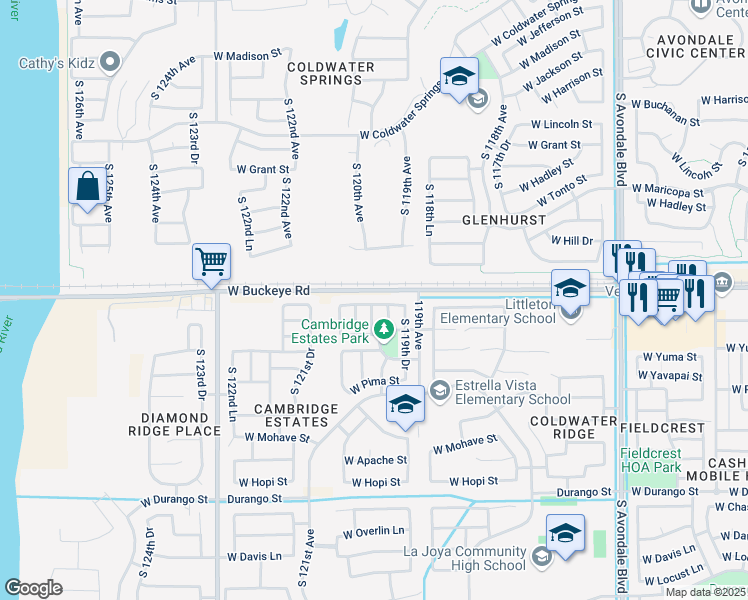 map of restaurants, bars, coffee shops, grocery stores, and more near 11990 West Belmont Drive in Avondale