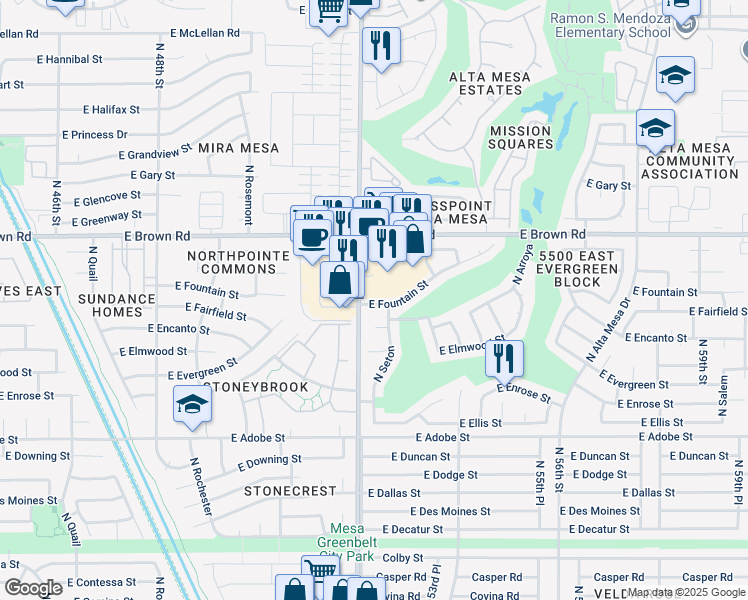 map of restaurants, bars, coffee shops, grocery stores, and more near 5214 East Fountain Street in Mesa