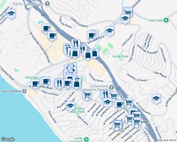 map of restaurants, bars, coffee shops, grocery stores, and more near 116 Avenida Sierra in San Clemente