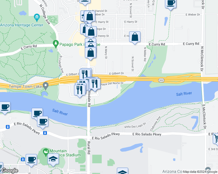 map of restaurants, bars, coffee shops, grocery stores, and more near 999 East Playa Del Norte Drive in Tempe