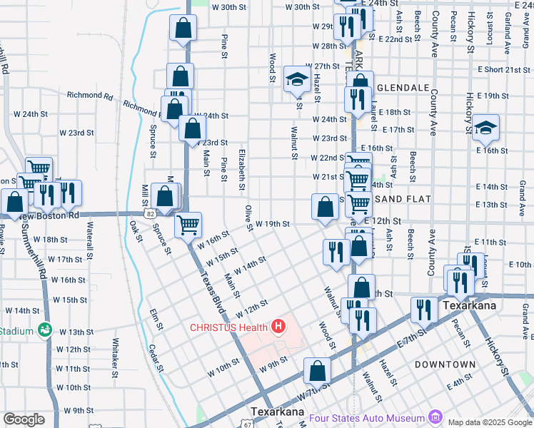 map of restaurants, bars, coffee shops, grocery stores, and more near 1911 Wood Street in Texarkana