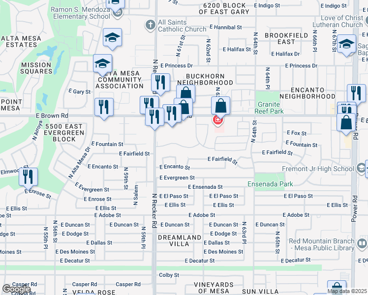 map of restaurants, bars, coffee shops, grocery stores, and more near 1055 North Recker Road in Mesa