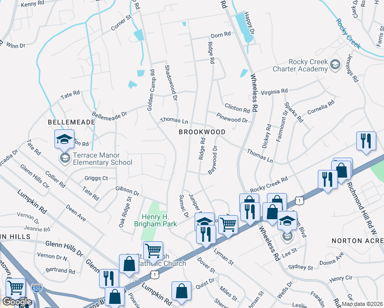 map of restaurants, bars, coffee shops, grocery stores, and more near 2418 Sumac Drive in Augusta