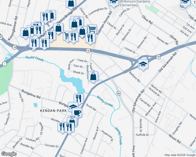 map of restaurants, bars, coffee shops, grocery stores, and more near 2215 Tudor Drive in Augusta