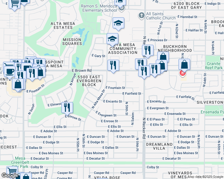 map of restaurants, bars, coffee shops, grocery stores, and more near 5763 East Fountain Street in Mesa