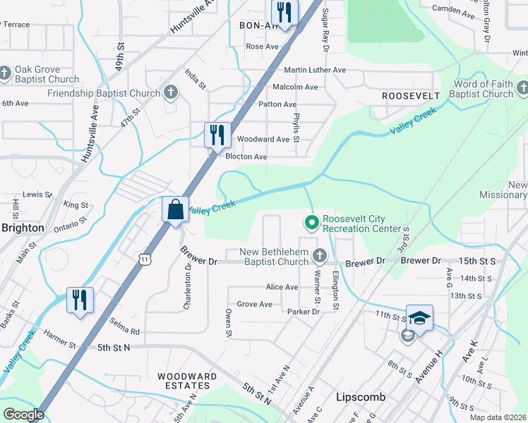 map of restaurants, bars, coffee shops, grocery stores, and more near 131 Houston Drive in Bessemer