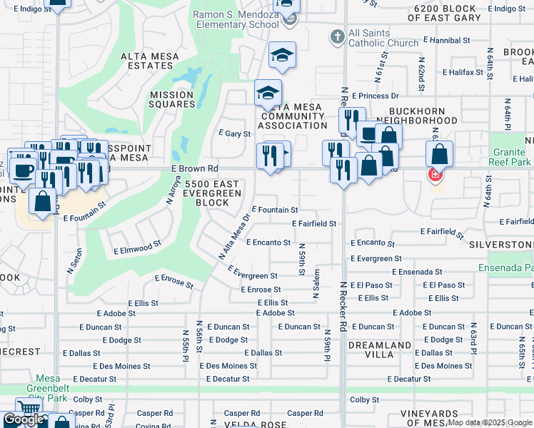 map of restaurants, bars, coffee shops, grocery stores, and more near 5763 East Fountain Street in Mesa