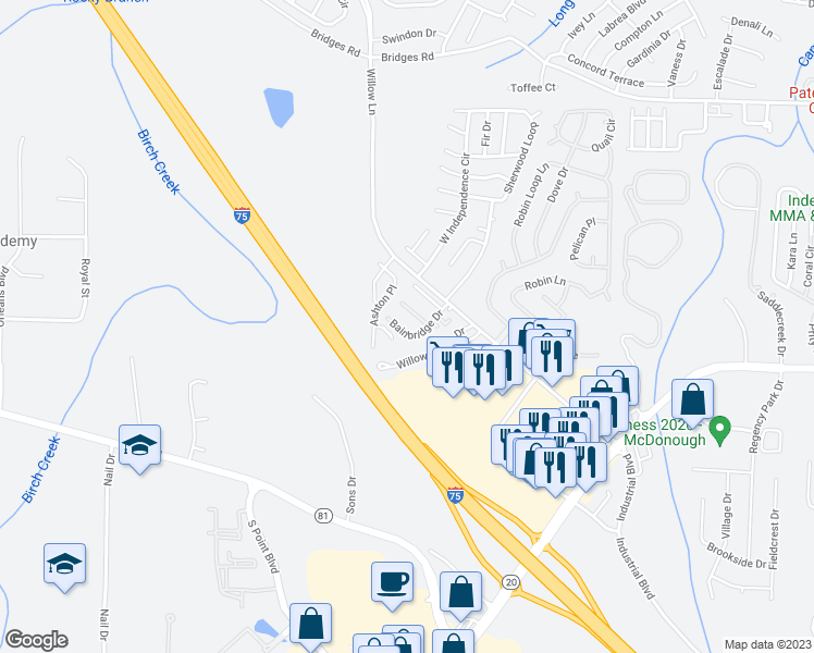 map of restaurants, bars, coffee shops, grocery stores, and more near 402 Bainbridge Drive in McDonough