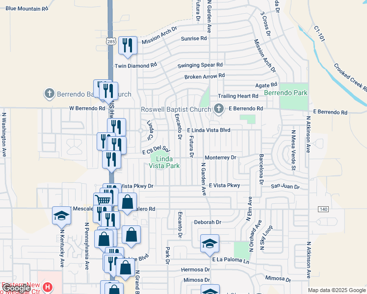 map of restaurants, bars, coffee shops, grocery stores, and more near 3105 Encanto Drive in Roswell