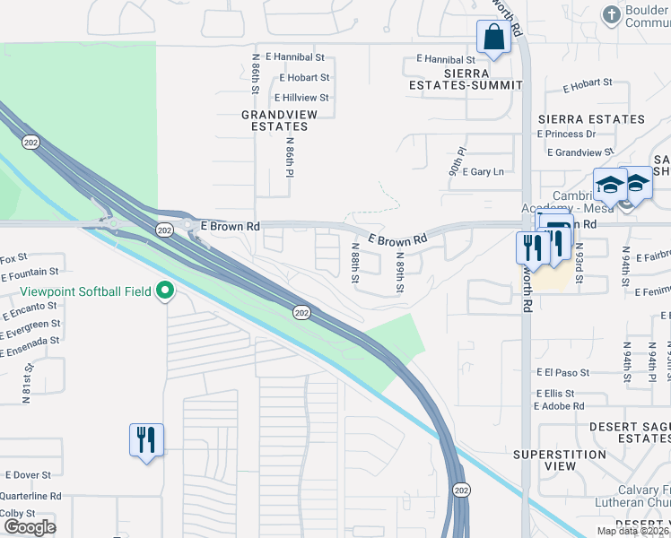 map of restaurants, bars, coffee shops, grocery stores, and more near 8750 East Fairfield Street in Mesa