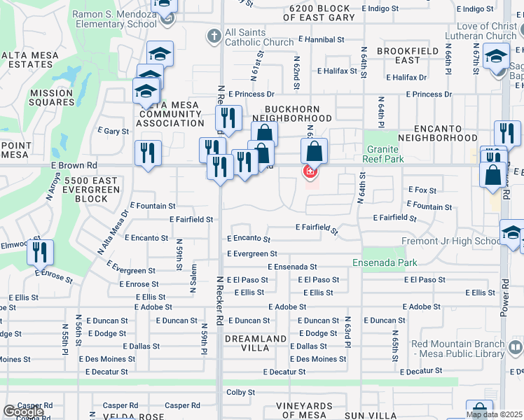 map of restaurants, bars, coffee shops, grocery stores, and more near 1055 North Recker Road in Mesa